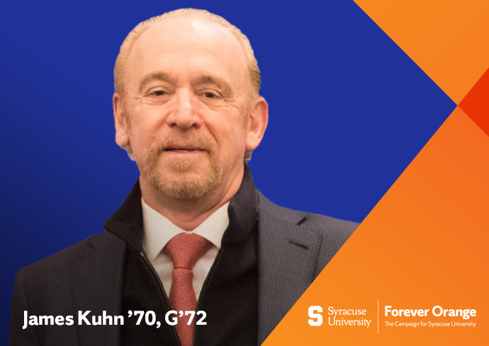 headshot of James Kuhn within a blue and orange graphic with words Syracuse University, Forever Orange The Campaign for Syracuse University