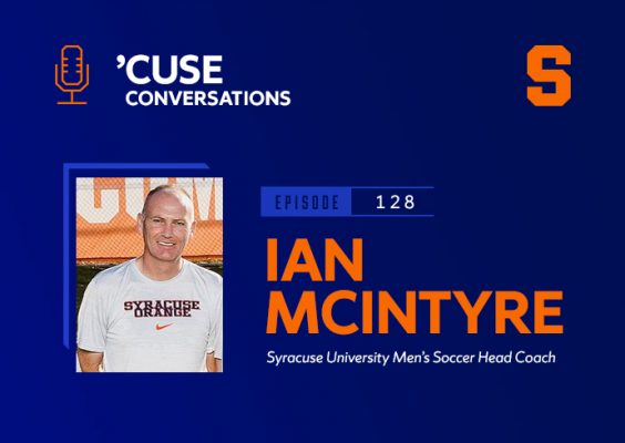 Man smiling with the text Ian McIntyre Syracuse University Men's Soccer head coach.