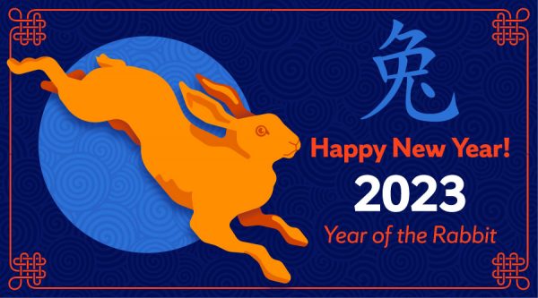 An Orange rabbit with the text Happy New Year 2023 and Year of the Rabbit text.