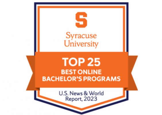 graphic with words Syracuse University, Top 25 Best Online Bachelor's Programs, U.S. News & World Report, 2023