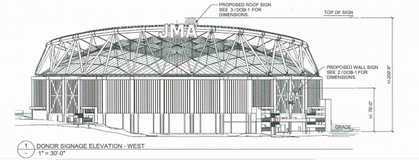 Rendering of the JMA Dome with the new sign attached to the top on the crown truss