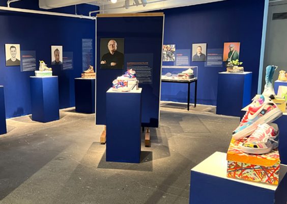 Shoes on display inside the Sue & Leon Genet Gallery.