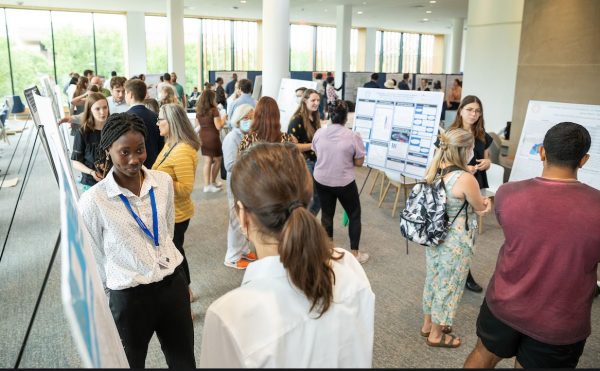 students chat about their projects at a poster presentation fair for undergraduates doing research