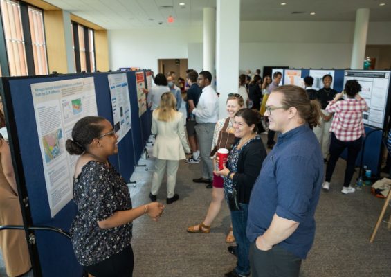 students talk to one another about their research work at a poster information fair