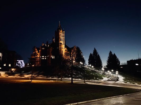 Night time photo of Crouse College