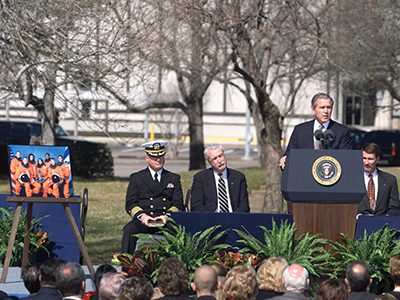 President George W. Bush speaking at Columbia Memorial