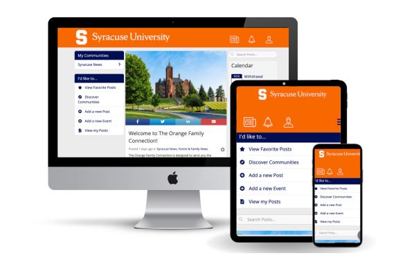 Computer, tablet and phone screens showing the Orange Family Connection Portal.