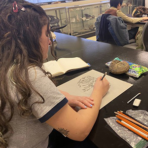 Student drawing a fossil