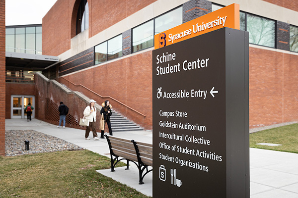 Schine Student Center sign outside of the building