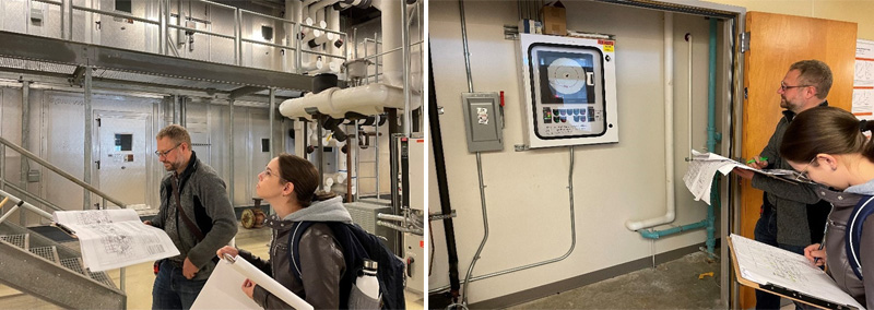 composite of two images of engineers assessing mechanical and electrical rooms on campus