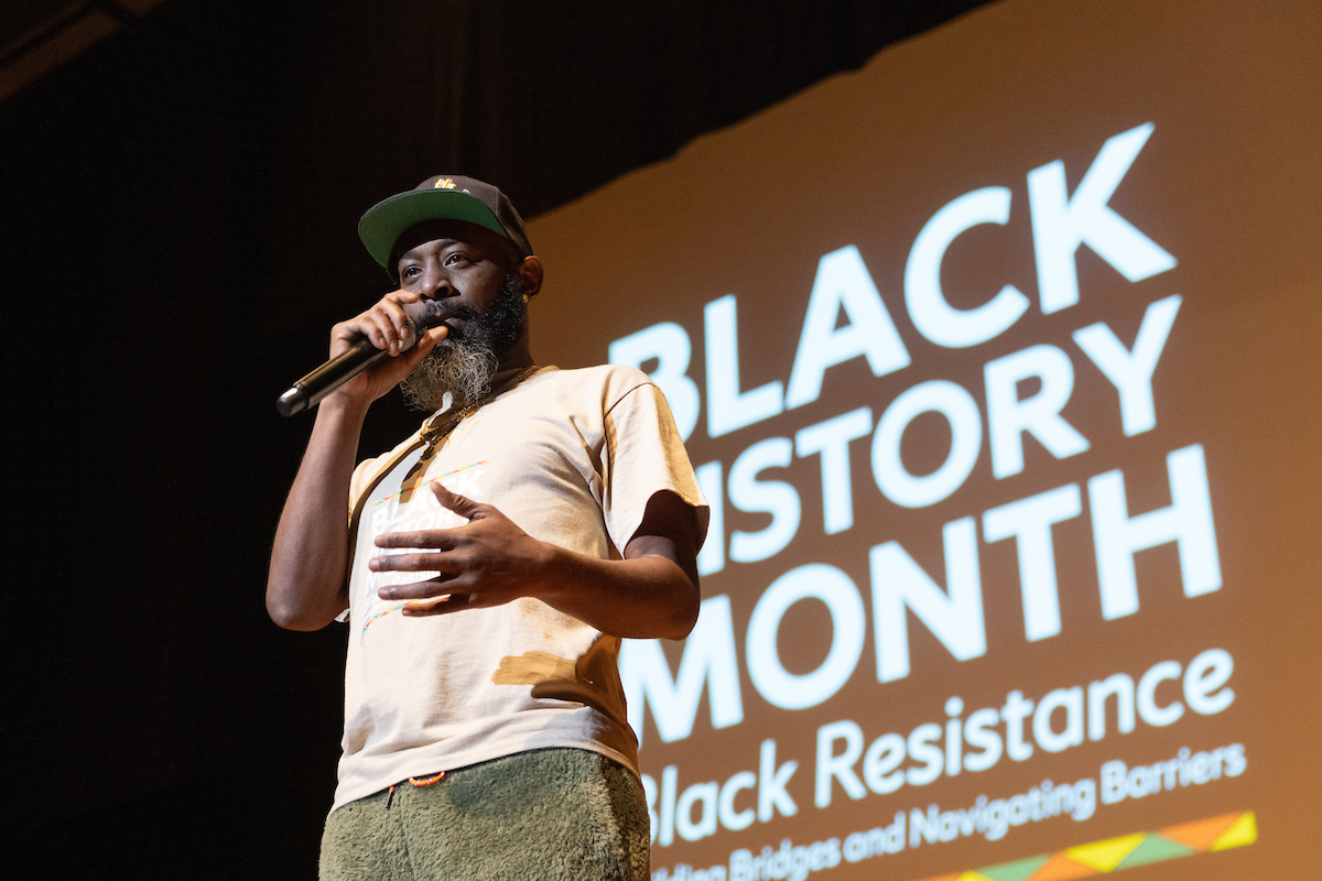 Karlous Miller performs at the Black History Month Kickoff Celebration