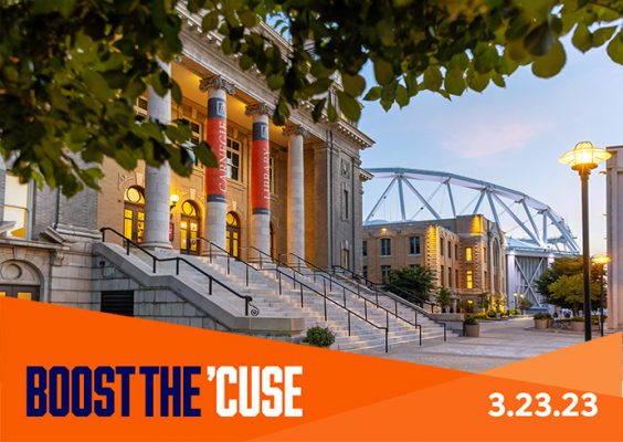 Carnegie Library with Barnes Center and JMA Wireless Dome in background in a graphic with the words Boost the Cuse 3.23.23