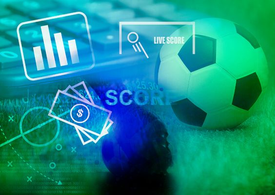 graphic with sports equipment, bar chart and words Live Score and Score