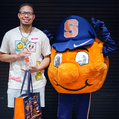 Jacob McGraw poses with Otto during Student Employment Week