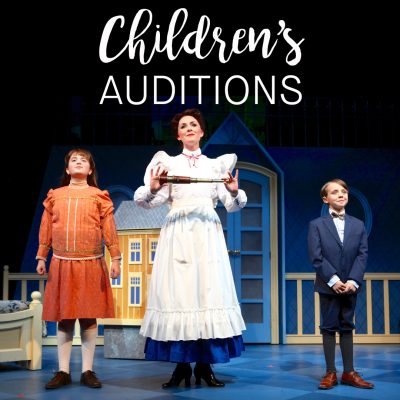 Text: "Children's Auditions" against the backdrop of three performers-including two children-from a Syracuse Stage production