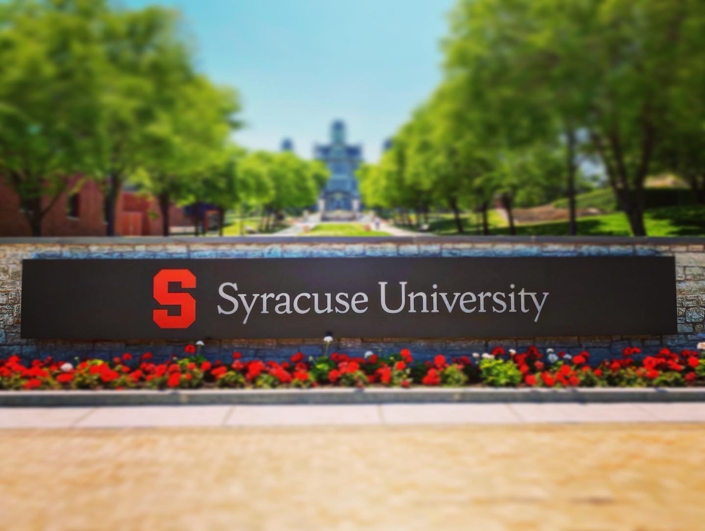 Syracuse University sign with red flowers in front of it and trees in the background.