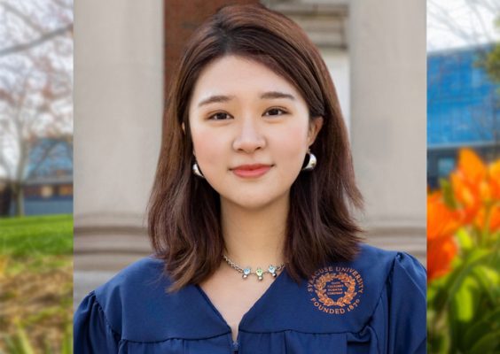 portrait of Ava Hu in her commencement gown against a blurred image of the Newhouse building