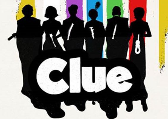 Silhouetted figures of six people in the background with the board game title, Clue, in the foreground.