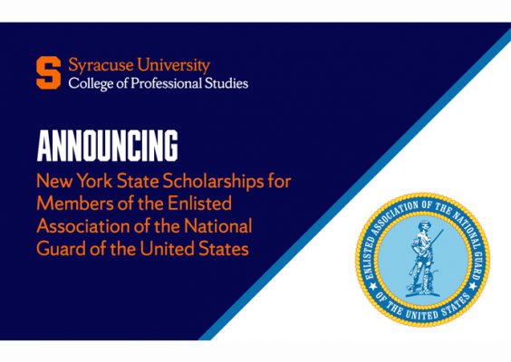 Text "Syracuse University College of Professional Studies Announcing New York State Scholarships for Members of the Enlisted Association of the National Guard of the United States" with EANGUS seal