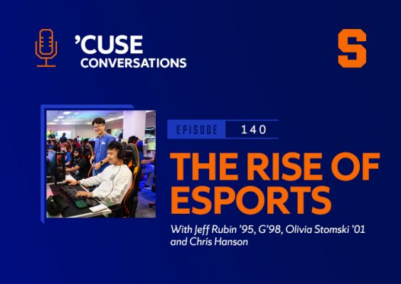 A classroom of students play esports games in the Barnes Center at the Arch. The accompanying text reads the rise of esports with the Cuse Conversations podcast logo.