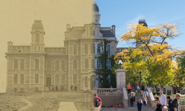 Hall of Languages in 1873 and today
