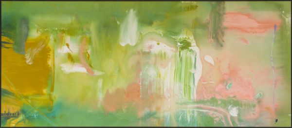 An abstract painting in shades of bright green, ivory, gold and pinks with swipes designs