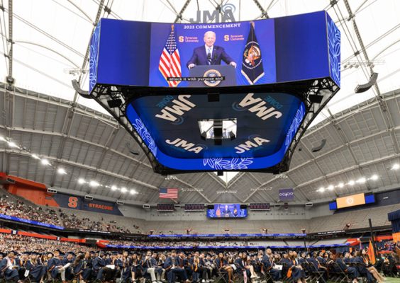 President Biden projected onto the jumbotron inside the JMA Wireless Dome delivering a virtual Commencement Address to Syracuse University's Class of 2023.