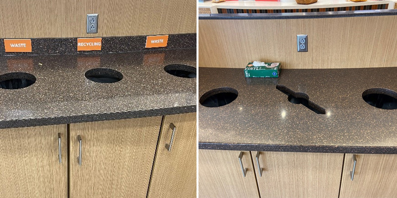 composite photo of old and new recycling and garbage receptacles in the Schine Student Center