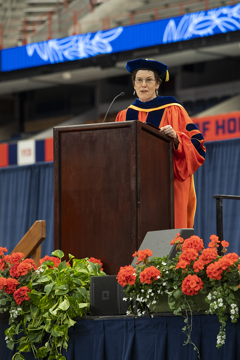 Provost Gretchen Ritter speaks at the podium at Commencement 2023