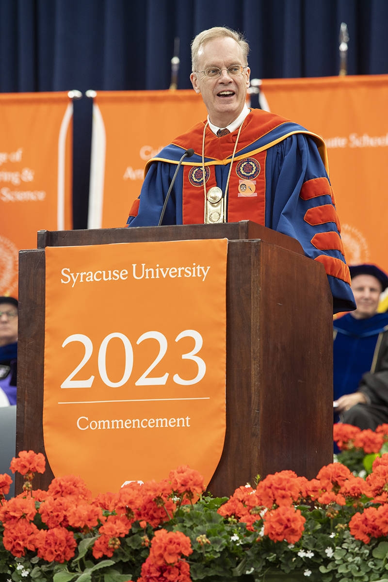Chancellor Kent Syverud speaks from the podium at Commencement 2023