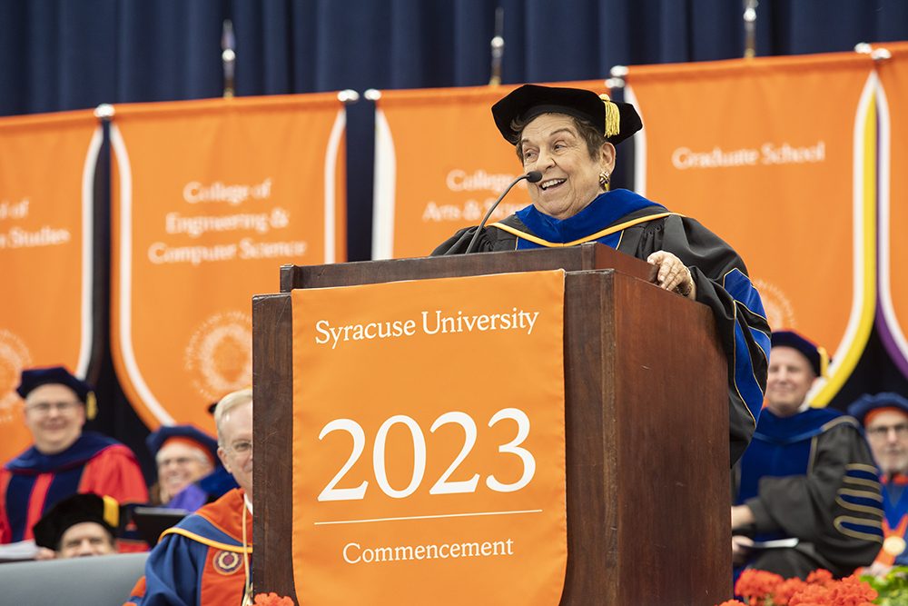 Commencement 2023 keynote speaker Donna Shalala G’70, H’87 addresses students from the podium