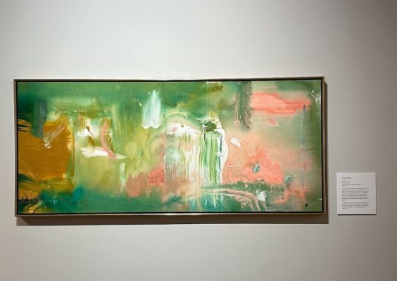 green, gold, ivory and pink brushstroke abstract painting