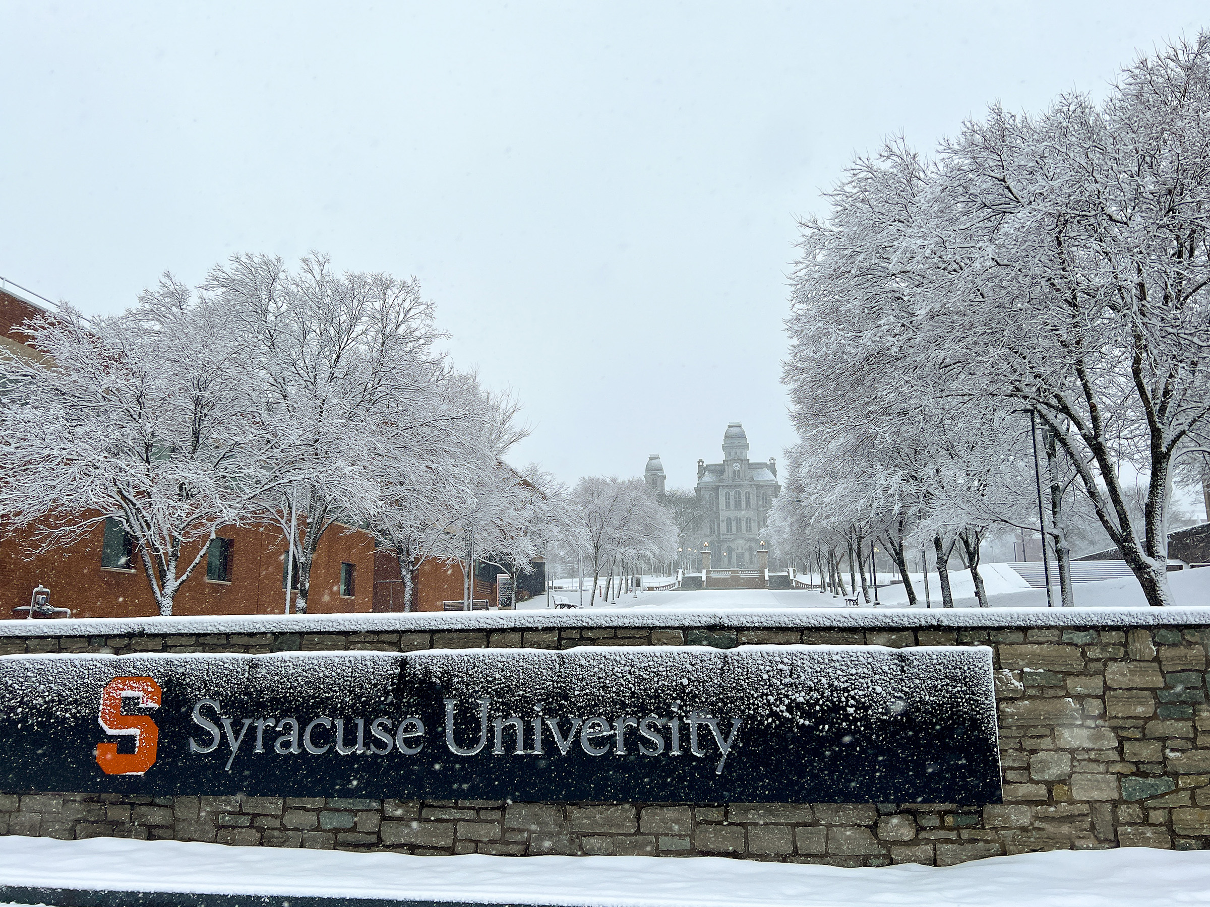 Snow lighting covering trees and buildings on campus.