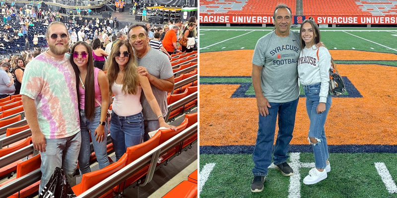Composite image of Gianna, John and family at an Elton John concert in the JMA Wireless Dome (left) and John and Gianna Mangicaro on the turf during a football game at the JMA Dome