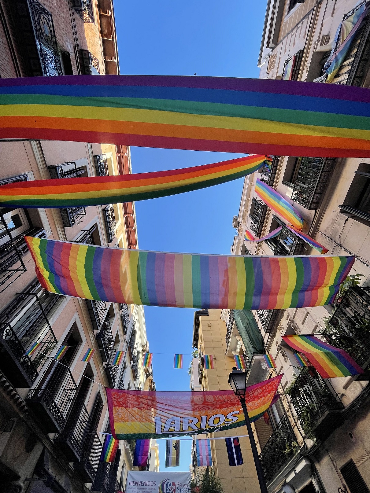 rainbow banners hanging between buildings