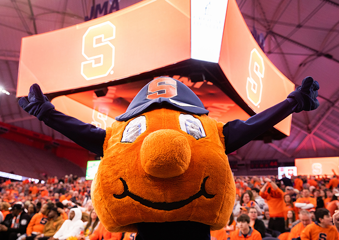 Otto the Orange inside the JMA Wireless Dome during a basketball game