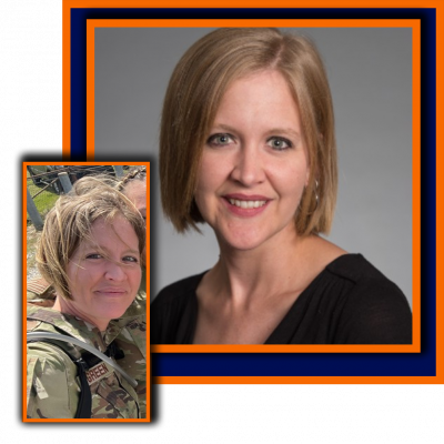 headshot photo of Liz Green with inset of her in military gear