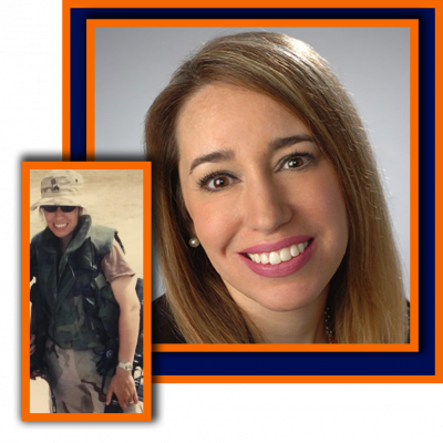 Headshot of Jennifer Pluta with inset image of her in military gear