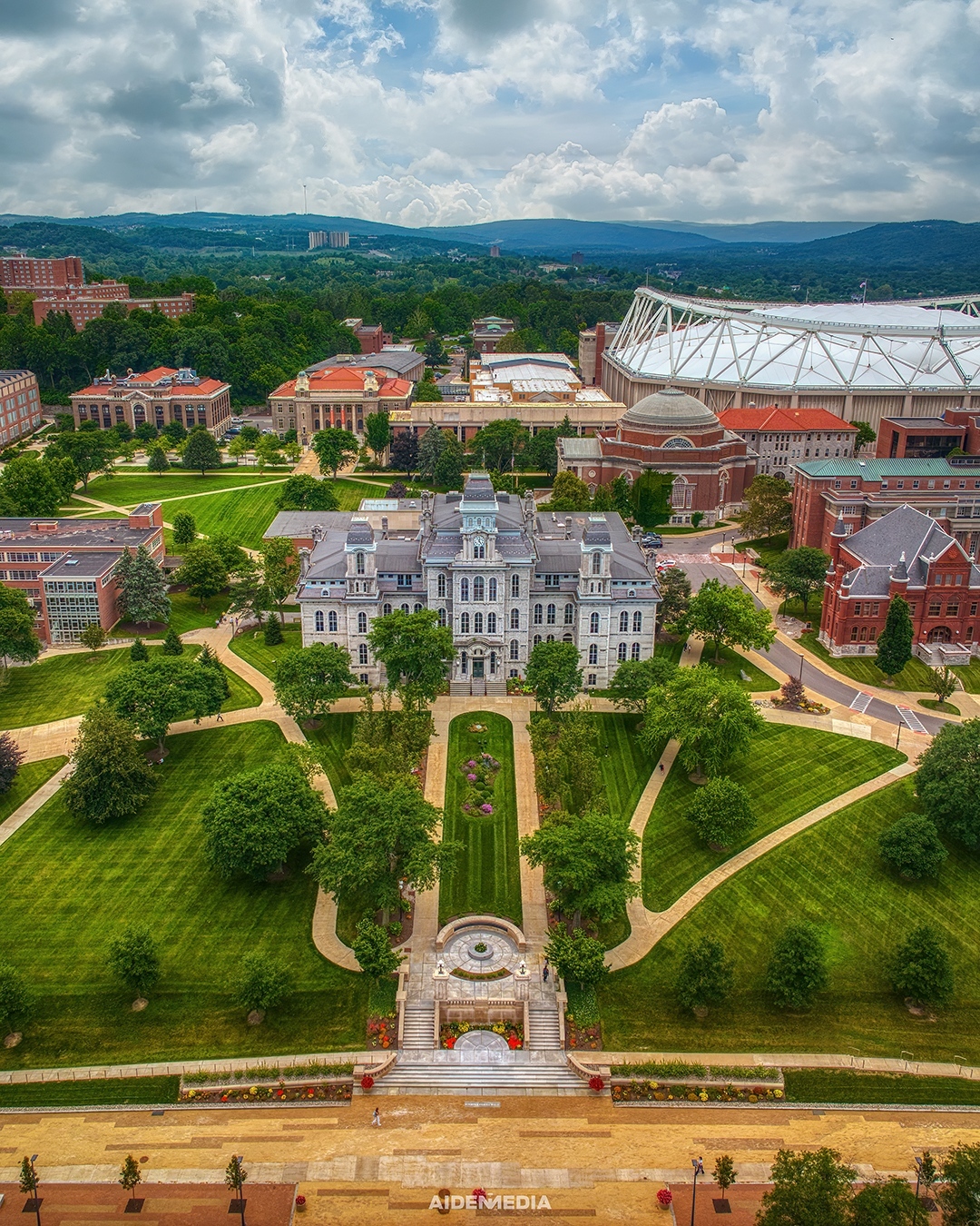 Arial view of campus focusing on the Hall of Languages