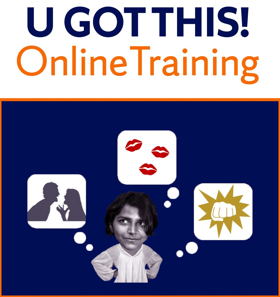 U Got This! Online Training. Person with three thought bubbles above them, one with two people talking, another with 3 sets of lips and a third with a fist.