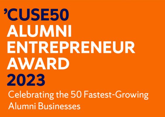 text: "’Cuse50 Alumni Entrepreneur Award 2023, Celebrating the 50 Fastest-Growing Alumni Businesses" on an orange background