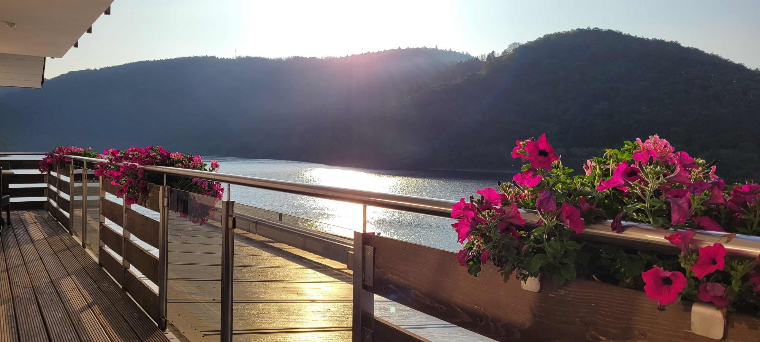 Balcony with flowers overlooking water and mountains. 