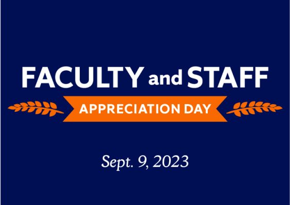 blue graphic with text "Faculty and Staff Appreciation Day, Sept. 9, 2023"