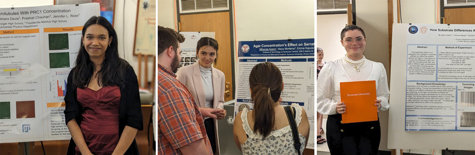 composite of three images of students presenting their research posters during a summer physics internship program
