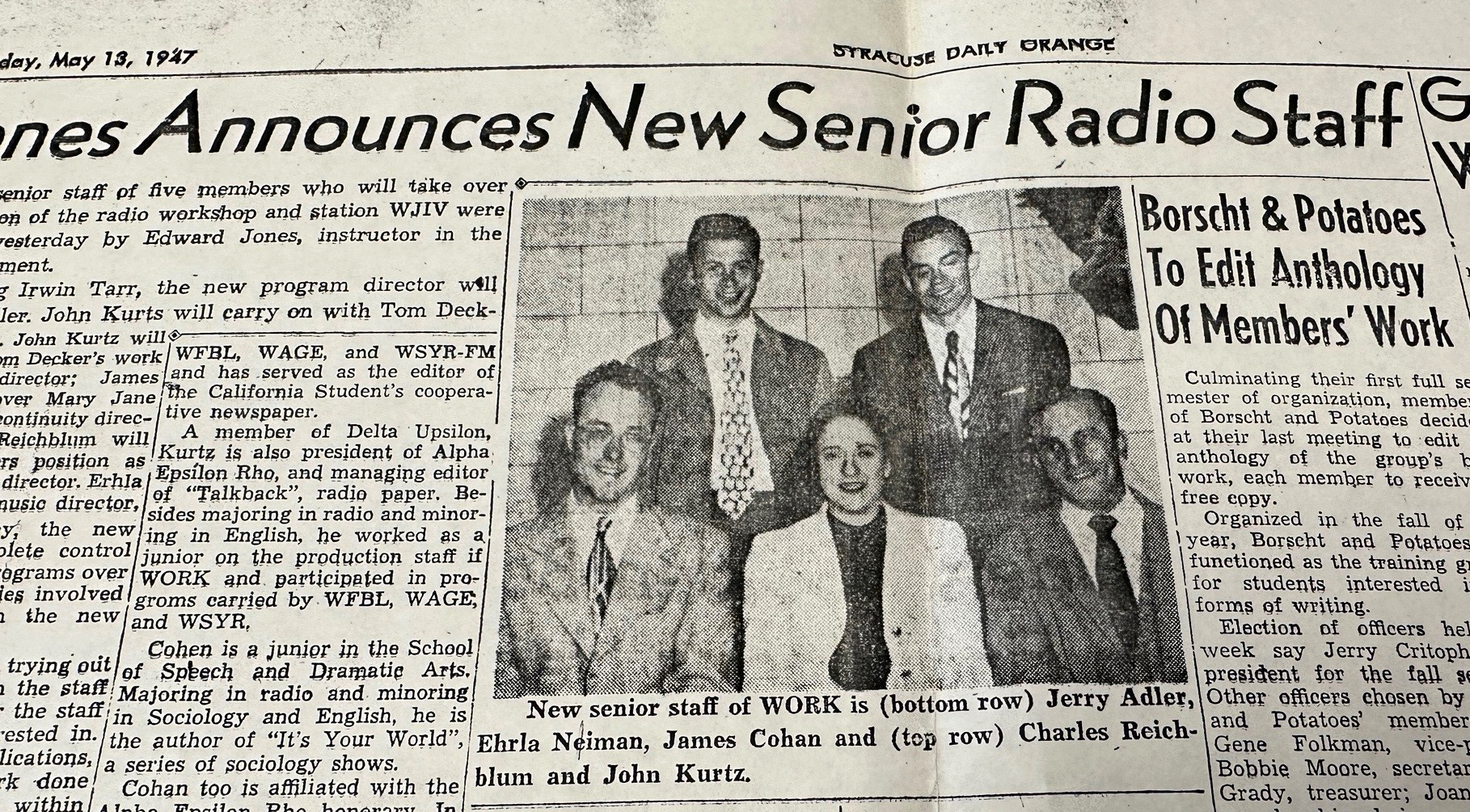 A newspaper clipping from May of 1947 announces the new senior radio staff members of WAER-FM.