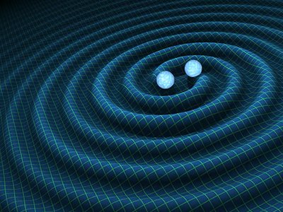 Graphic depiction of two orbiting black holes and the gravitational waves created.
