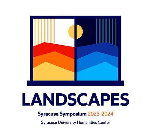 graphic of two windows side by side with multi-colors in the background with words Landscapes, Syracuse Symposium, 2023-24, Syracuse University Humanities Center