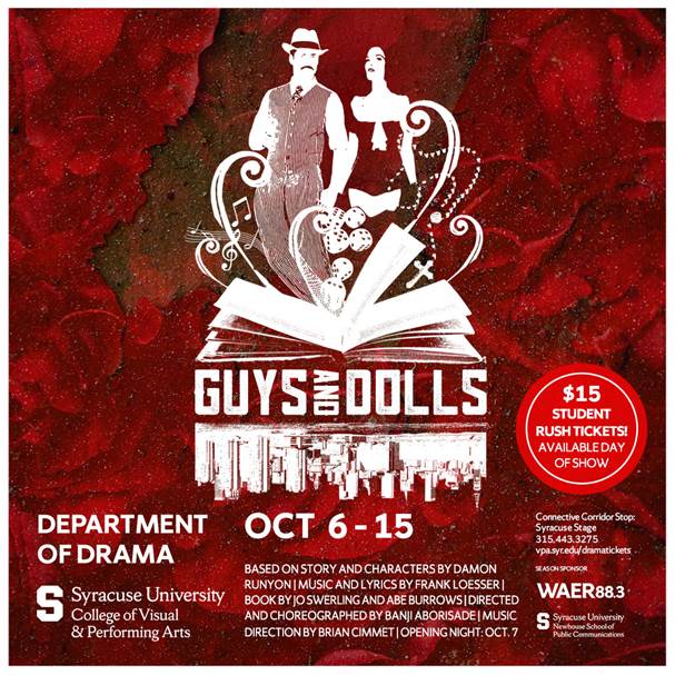 SU Department of Drama Guys and Dolls movie poster with a man and woman in white and a red background