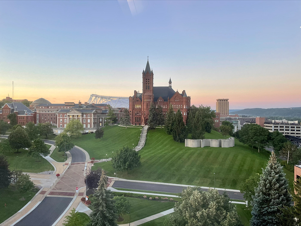 View of Crouse College just before the sun rises