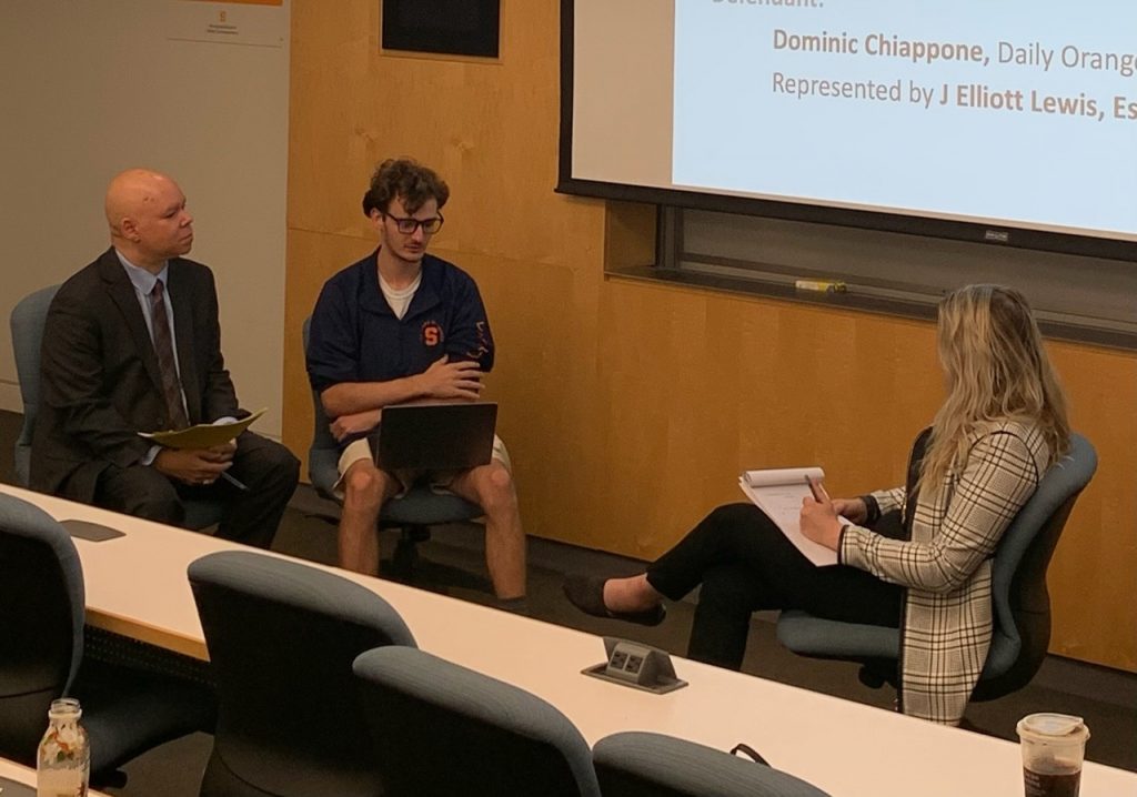 Prof. Elliott Lewis, Dominic Chiappone and Caley Young take part in the mock deposition.